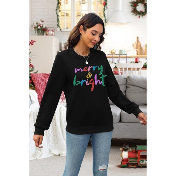 Women’s Christmas Sweatshirt Long Sleeve Sequin Winter Holiday Top - Picture 2 of 6